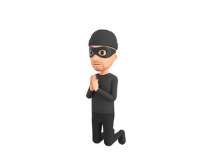 Robber character kneeling and pray in 3d rendering.