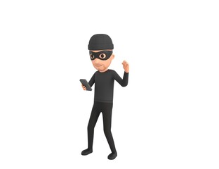 Robber character looking his phone and doing winner gesture with fists up in 3d rendering.