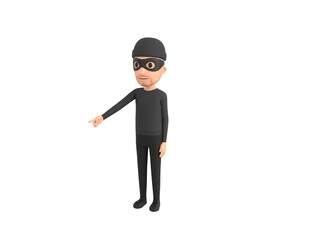 Robber character pointing to the ground in 3d rendering.