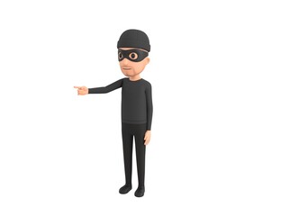 Robber character pointing finger to the left in 3d rendering.