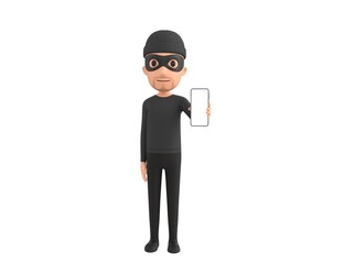 Robber character showing his phone in 3d rendering.