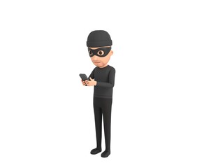 Robber character types text message on cell phone in 3d rendering.