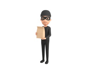 Robber character holding paper containers for takeaway food in 3d rendering.