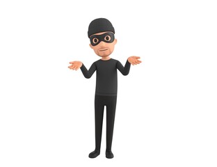 Robber character spreading his two hands and looking to camera in 3d rendering.