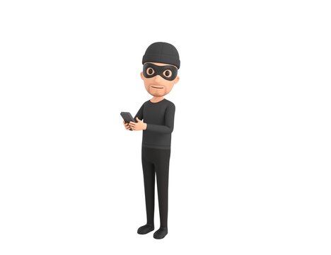 Robber character using smartphone and looking to camera in 3d rendering.