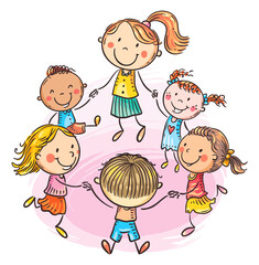 Happy children with their teacher dancing together, hand drawn cartoon clipart vector illustration