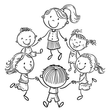 Line drawing of happy kids with their teacher dancing together, hand drawn cartoon clipart vector illustration