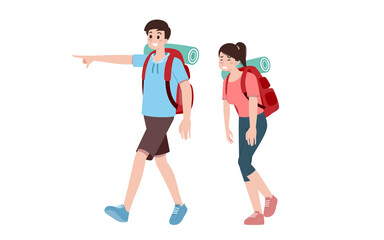 Group of young tourist characters. Traveling tourists with travel backpack going on vacation trip after covid-19 virus was diminish. Vacation people isolated vector. Summer character, woman and man.