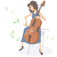 Female cello player performing on isolated white background. Vector illustration in flat cartoon style.