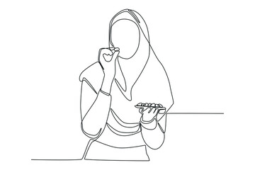 Continuous one line drawing beautiful young muslim girl with a hijab eating dates to break feast. Eating activity concept. Single line draw design vector graphic illustration.