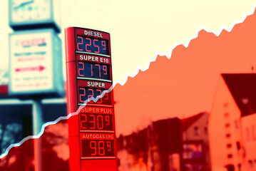 Tankstelle, Zapfsäule und Diagramm für steigende Benzinpreise - obrazy, fototapety, plakaty