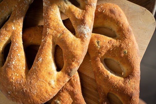 A traditional French pastry Fougasse. Top view. Flat lay.