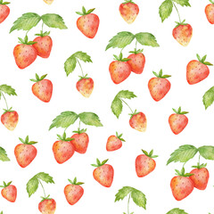 Watercolor seamless pattern with cute strawberry and green leaf. Stylized drawing illustration of summer berry isolated on white