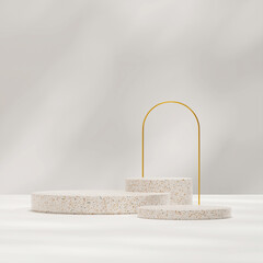 3d render template mockup of terrazzo podium in square with gold arch and sun shadow background