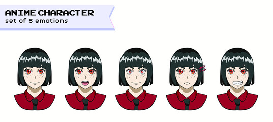 Design of a female cheerful anime character with the bob cut hairstyle showing different expressions and emotions.