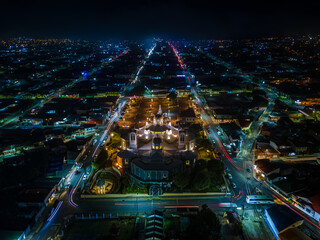 Beautiful aerial night view of the city of Cartago Costa Rica- Basilica of Our Lady of the Angels - the ruines and the Bicentennial monument 
