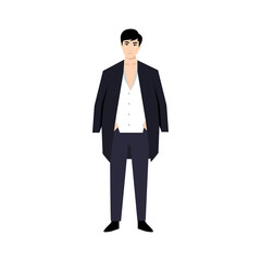 Obraz na płótnie Canvas Asian mafia man cartoon character. Flat vector of yakuza wearing suit with open button t shirt