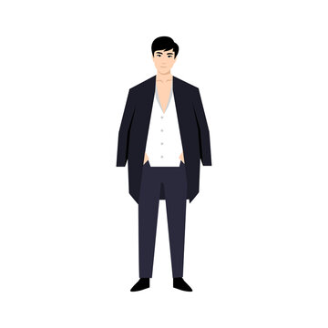 Asian mafia man cartoon character. Flat vector of yakuza wearing suit with open button t shirt