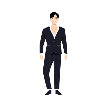 Asian mafia man cartoon character. Flat vector of yakuza wearing suit with open button t shirt