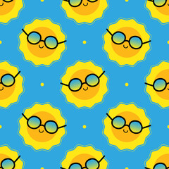 Cute and happy cartoon style sun characters in sunglasses and dots vector seamless pattern background for summer, vacation, weather design.