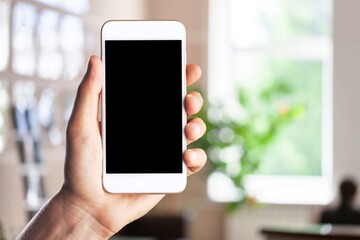 Businessman Holding Smartphone with blank screen, Internet, Social Media with Mobile Phone Device.