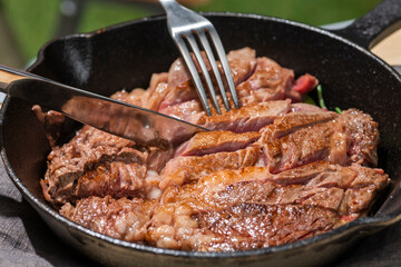 スキレット鍋で焼いたステーキ肉をナイフとフォークを使って食べる