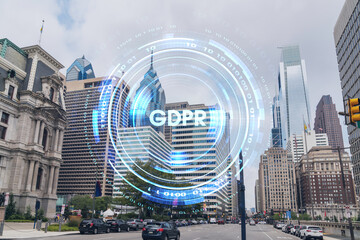 Summer day time cityscape of Philadelphia financial downtown, Pennsylvania, USA. City Hall neighborhood. GDPR hologram, concept of data protection regulation and privacy for all individuals in EU Area