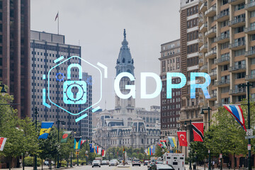 Summer day time cityscape of Philadelphia financial downtown, Pennsylvania, USA. City Hall neighborhood. GDPR hologram, concept of data protection regulation and privacy for all individuals in EU Area
