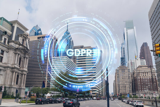 Summer day time cityscape of Philadelphia financial downtown, Pennsylvania, USA. City Hall neighborhood. GDPR hologram, concept of data protection regulation and privacy for all individuals in EU Area