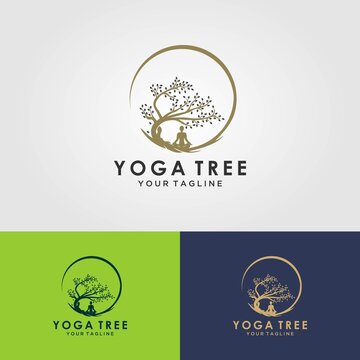 Tree yoga logo. Silhouette of a person in meditation in a round frame. The image of nature, the tree of life. Design of the emblem of the trunk, leaves, crown and roots of the tree.Yoga logo vector,