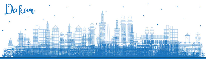 Fototapeta premium Outline Dakar Senegal City Skyline with Blue Buildings.