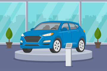 Interior view of car showroom. New modern blue suv car on platform. Flat vector illustration template.