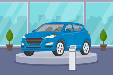 Poster Interior view of car showroom. New modern blue suv car on platform. Flat vector illustration template. © flatvectors