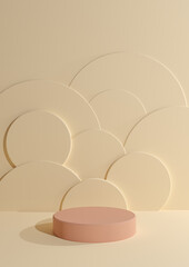 Light beige, pastel orange 3D rendering simple, minimal, blank product photography display with one cylinder podium stand with circle bubbles in the background for cosmetic products