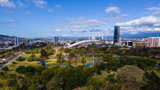 Beutiful aerial view of La Sabana Metropolitan Park in the center of San Jos&eacute; Costa Rica. the Running track -Art Museum
