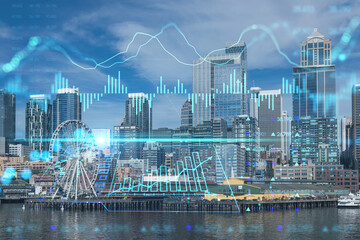 Seattle skyline with waterfront view. Skyscrapers of financial downtown at day time, Washington, USA. Forex graph hologram. The concept of internet trading, brokerage and fundamental analysis