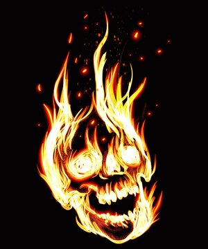 Skull in flames with dark background