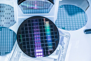 Fototapeta premium silicon wafer semiconductor with neon color, integrated circuits to manufacture CPU and GPU