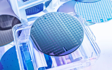 silicon wafer semiconductor with neon color, integrated circuits to manufacture CPU and GPU