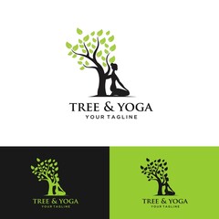 Tree yoga logo. Silhouette of a person in meditation in a round frame. The image of nature, the tree of life. Design of the emblem of the trunk, leaves, crown and roots of the tree.Yoga logo vector,