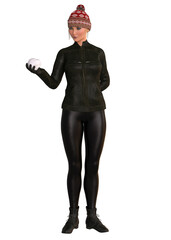 3D Girl in black leather outfit with snowball