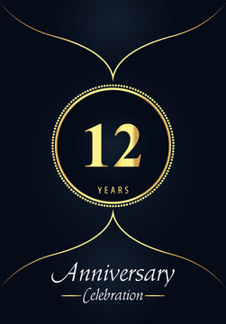 12 years anniversary celebration logo with gold dotted circle and Arabic style design on blue charcoal background. Premium design for weddings, happy birthday, greetings, ceremony, poster, banner.