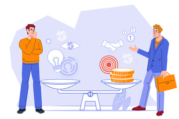 Business man makes a choice and receives financial consultation, thinks over a proposal for finance or cooperation, a flat vector illustration isolated on white. Consulting, investments.