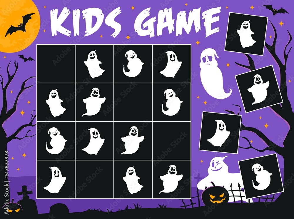 Poster sudoku game worksheet, halloween ghosts on cemetery, vector kids puzzle. sudoku riddle grid to find 