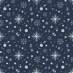 Watercolor hand drawn seamless pattern with blue winter snowflakes, snowballs, dots, doodles, spots and splash isolated on dark background. New year and Christmas simple backdrop.