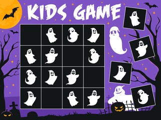 Sudoku game worksheet, Halloween ghosts on cemetery, vector kids puzzle. Sudoku riddle grid to find and match funny spooky ghosts and ghouls with pumpkin lanterns on cemetery graveyard