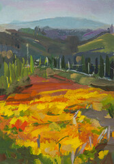 Vineyards landscape gouache painting. Yellow red orange vineyards in the valley. Modern impressionism painting. Illustration for books, galleries, albums of creativity. Colorful autumn landscape