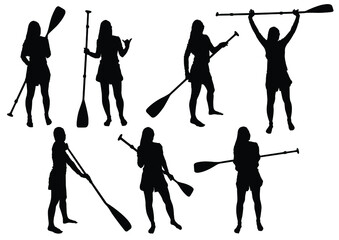 Naklejka premium Stand up paddling silhouette. Set of silhouettes women with SUP-BOARD stand-up padding. SUP