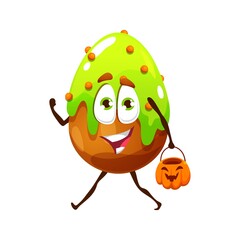 Cartoon Halloween cookie character, vector funny sweet dessert with cute smiling face, green glaze and sprinkles carry pumpkin bucket. Patisserie or confectionery for kids party isolated personage