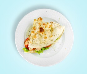 Delicious toasted sandwiches with cheddar cheese and bacon on the plate